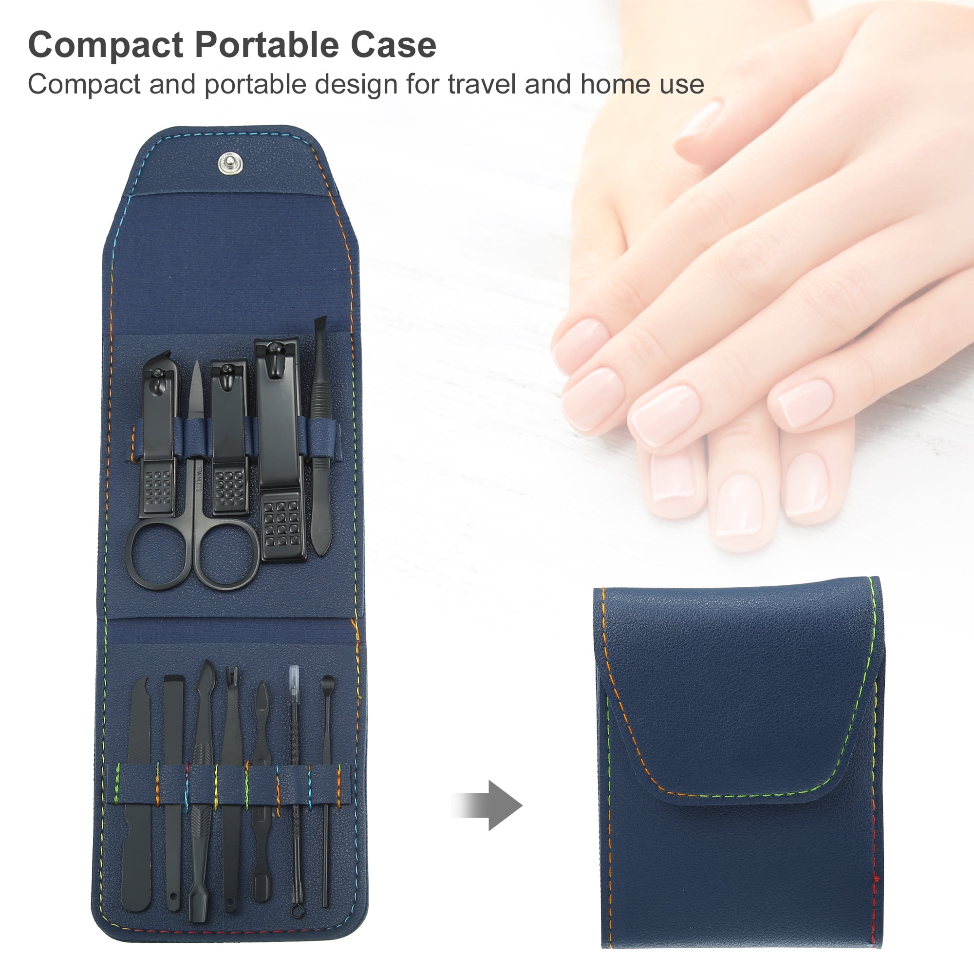 Unique Bargains 12 pcs Manicure Set with Blue PU Case Stainless Steel Personal Care Black