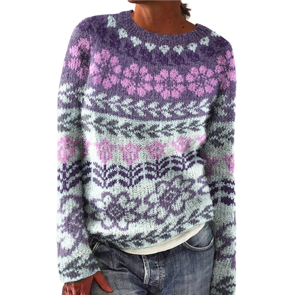 Iyufng Sweaters for Women Plus Size Long Sleeve Raglan Crew Neck Casual Vintage Print Knitted Pullover Jumper Tops Purple,L