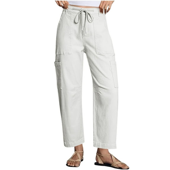 hotojiny Cargo Pants Women High Waist Wide Leg Casual Pants with Pockets Stretchy Drawstring Loose Cropped Trousers Streetwear