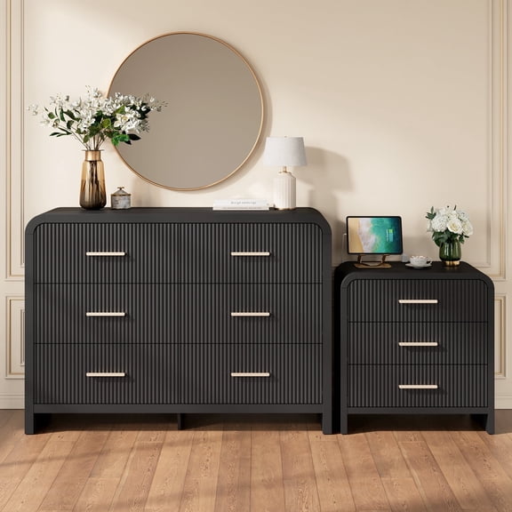 HUJAUU 2 Pieces Bedroom Furniture Set, Modern Wood Fluted 6-Drawer Dresser & 3-Drawer Curved Nightstand with Charging Station for Living Room, Black