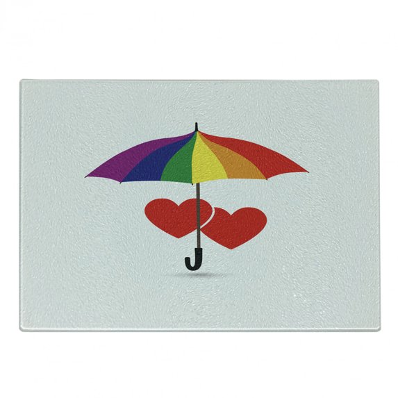 Pride Cutting Board, Heart Signs over Rainbow Umbrella Romantic LGBT Love Valentine's Day Couples, Decorative Tempered Glass Cutting and Serving Board, Small Size, Multicolor, by Ambesonne