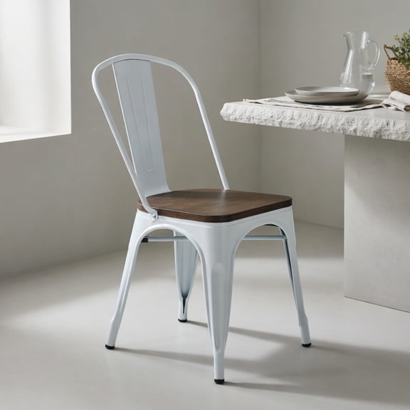 Spaco 4 Pieces Tolix Style Metal Dining Side Chair Stackable Wood Seat-White, Lounge Chair, Dining Room Chair for Kitchen, Dining, Bedroom, Living