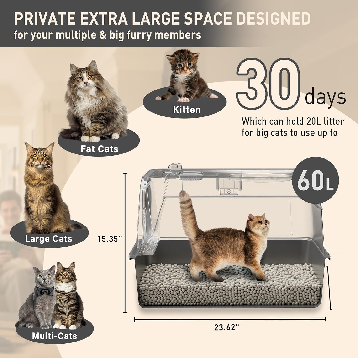 Stainless Steel Litter Box with Lid, 135° Flip-Top Extra Large Cat Litter Pan, Enclosed Metal Litter Box with Litter Scoop & Filter Pedal, Anti-Leakage, Odor Free, Front & Top Dual Entry