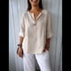 thumbnail image 5 of Camisa de y Algodón con Cuello en V para Mujer, 3/4 Enrollable, Informal, Holgada, , con Botones, para Verano Albaricoque 4XL, 5 of 7