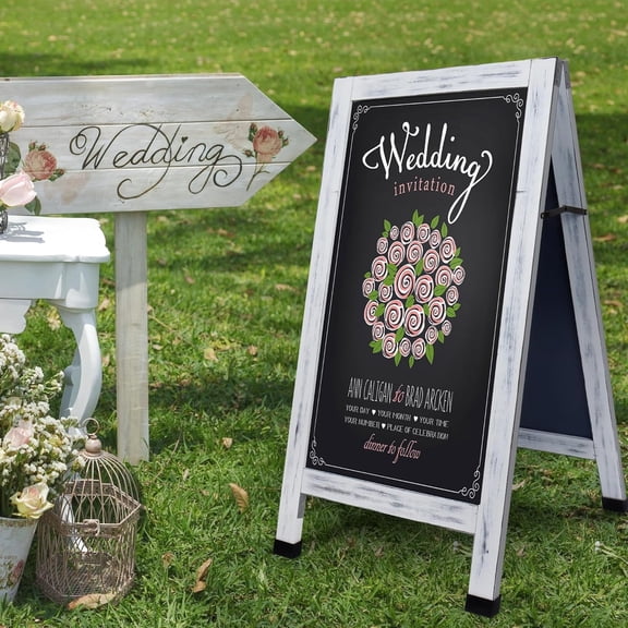 Solid Wood A-Frame Chalkboard - 40" x 20" Magnetic Sandwich Board Signs Outdoor Standing Chalk Board Easel Sidewalk Pizarra for Wedding, Business, Party - Rustic White