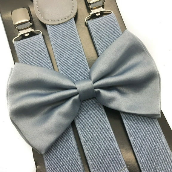 Light Grey Suspender   Clip on Bow-Tie Matching Set for Adults Men Women