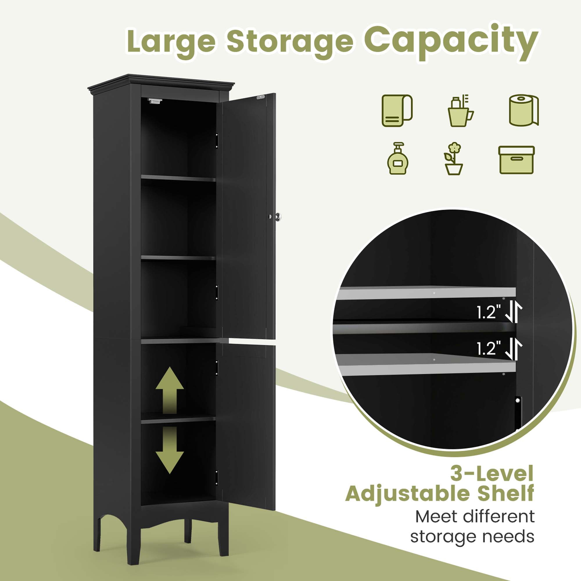 Costway Tall Bathroom Floor Cabinet Narrow Linen Tower with 2 Doors & Adjustable Shelf Black