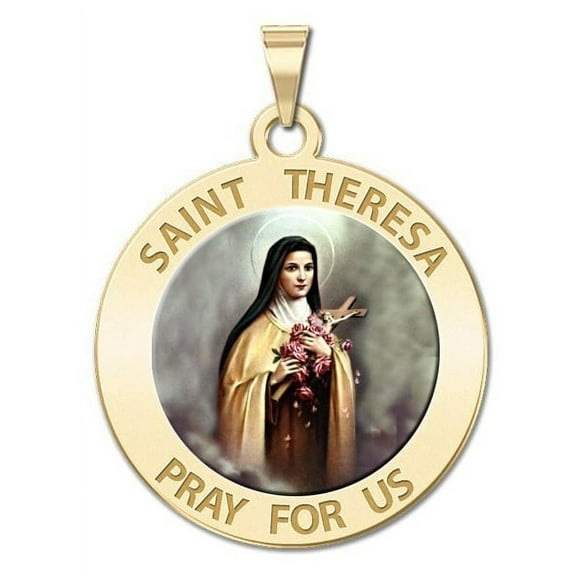 Saint Theresa Religious Medal - 1 Inch Size of a Quarter -Solid 14K Yellow Gold