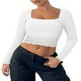 thumbnail image 1 of Womens Ribbed Long Sleeve Crop Tops T Shirts Lace Trim Sweetheart Basic Fitted Tees, 1 of 7