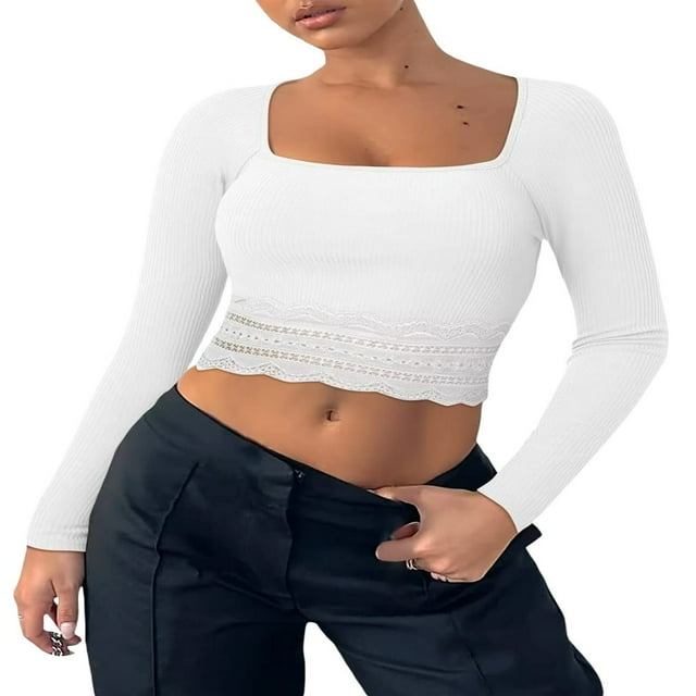 Womens Ribbed Long Sleeve Crop Tops T Shirts Lace Trim Sweetheart Basic Fitted Tees