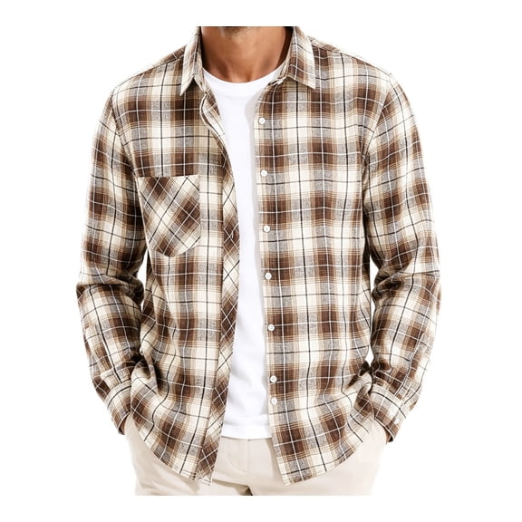 Zivyakyro Long Sleeve Men Shirt Fall Plaid Collared Flannel Casual Loose Jacket Pocket Khaki 2XL
