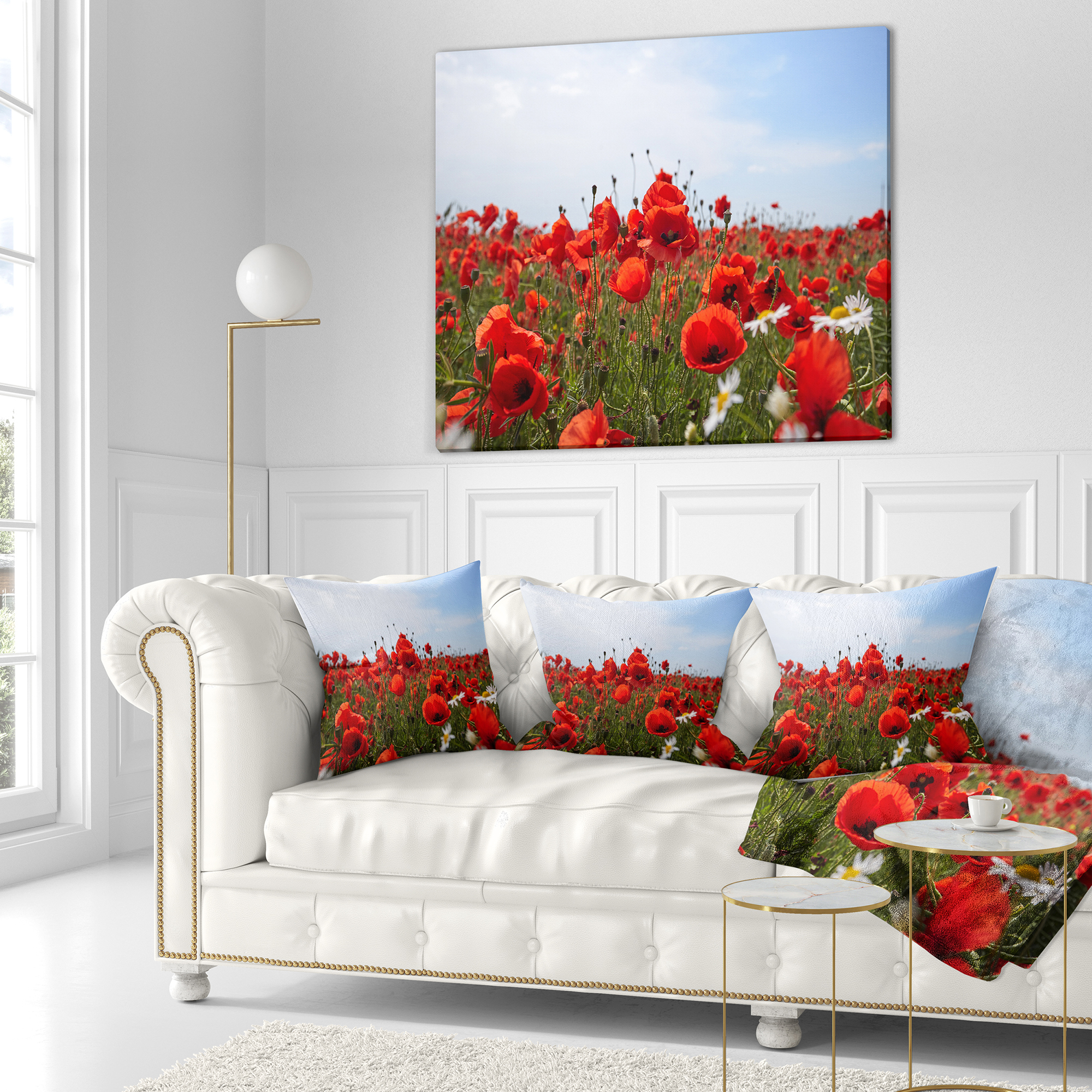 Designart Red Poppies under Bright Blue Sky - Flower Throw Pillow - 18x18