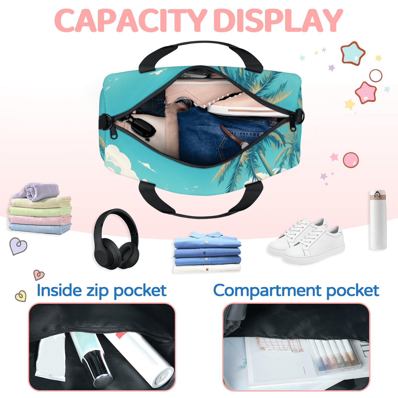 Herdesigns Ocean Beac Gym Bag for Women, Duffle Bag for Travel Sport, Palm Tree Lightweight Waterproof Carry on Weekender Dance Yoga Workout Bags