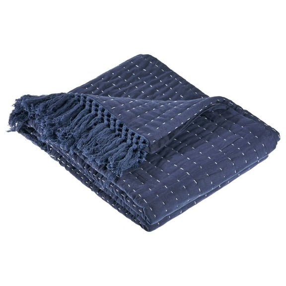 Laddha Home Designs Navy Blue and White Woven Fringed Throw Blanket 50" x 60"