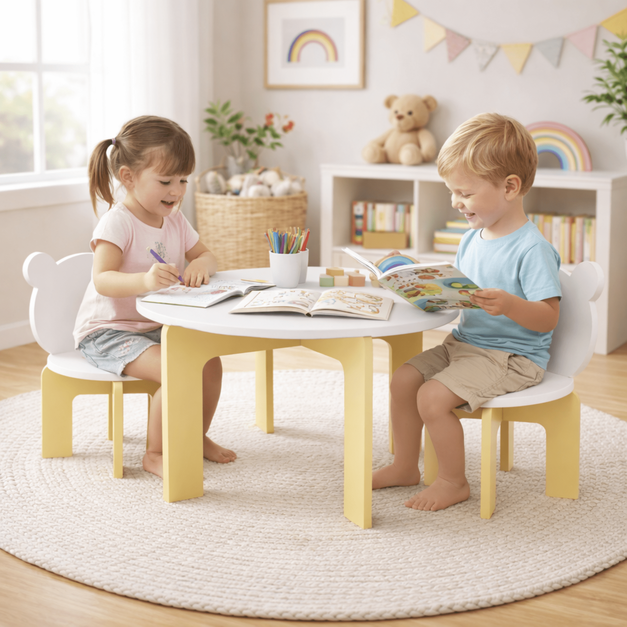 Kids Table and Chair Set, 3-Piece Toddler Table with 2 Chairs, Cute Bear-Back Chairs, Sturdy Wooden Activity Table Set for Kids, Playroom, Bedroom, Preschool