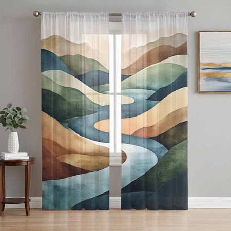 Colorful Abstract Art Semi Sheer Curtains 72 Inch Length 2 Panels Set Mountain Modern Watercolor Sheer Kitchen Curtain Privacy Voile Window Curtain for Living Room Bedroom Rod Pocket Drapes