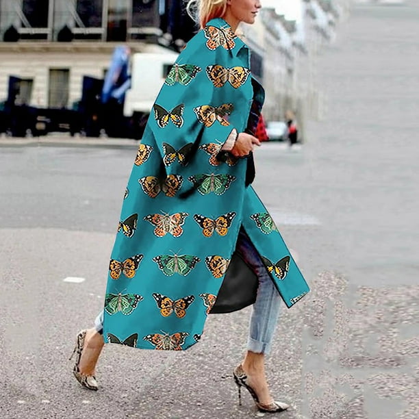 ICHUANYI Clearance Fashion Women Printed Pocket Jacket Outerwear Cardigan Overcoat Long Trench Coat(Green, L) ICHUANYI WER2023081117142