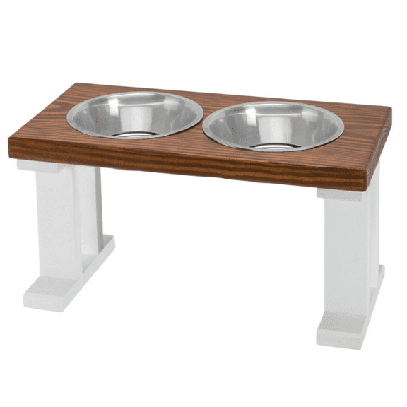 Bearwood Essentials Elevated Dog Feeder Bowls with 2 Stainless Steel Bowls - White/Chestnut 12 inch