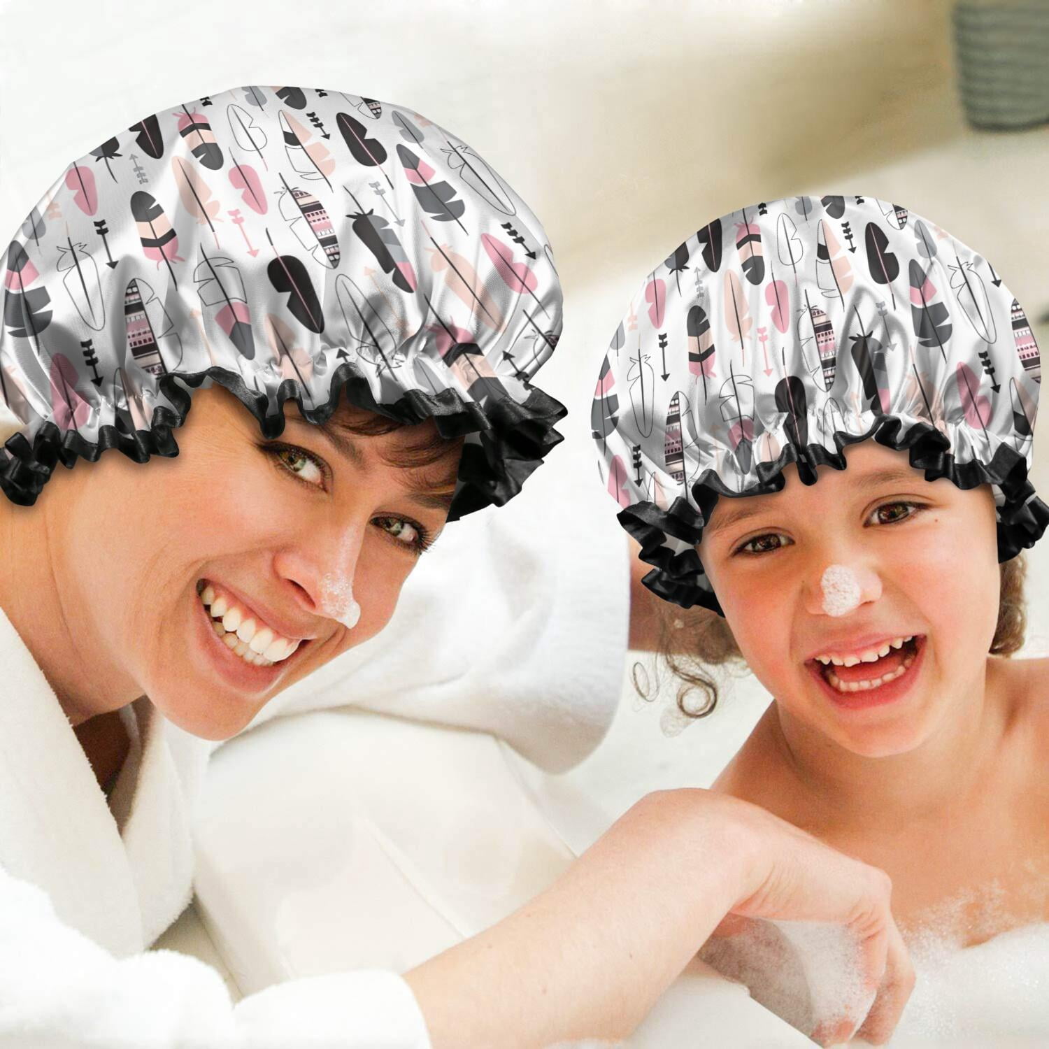 Shower Caps,Pink Black Geometric Feather and Arrow Pattern Waterproof Shower Cap for Women 4 Pieces,Double Reusable Hair Cover for Shower PEVA Elastic Stretch Hem