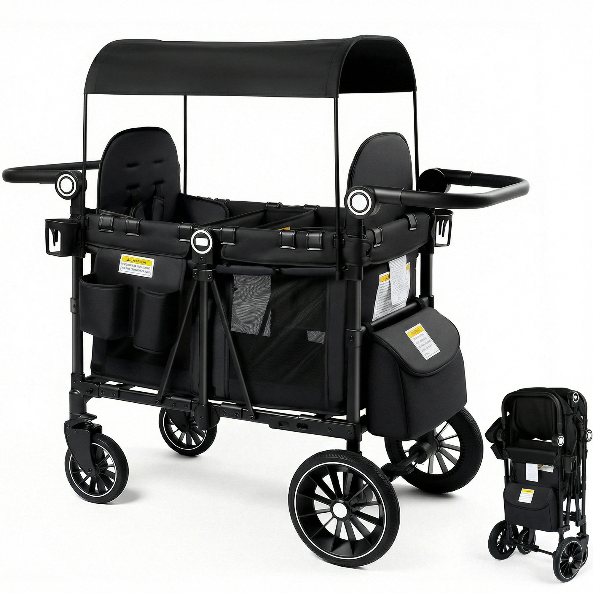LINLUX 2 Kids Wagon Stroller, Foldable Outdoor 2-Seat Stroller Wagon, Removable Canopy, 55 Pound, Black