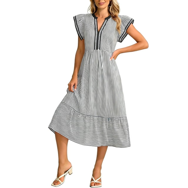 WRKEKC Robes Midi pour Femmes à Rayures à Double Volant Manches Courtes Col en V Midi Entretien Facile Extensible Confort Chic Doux