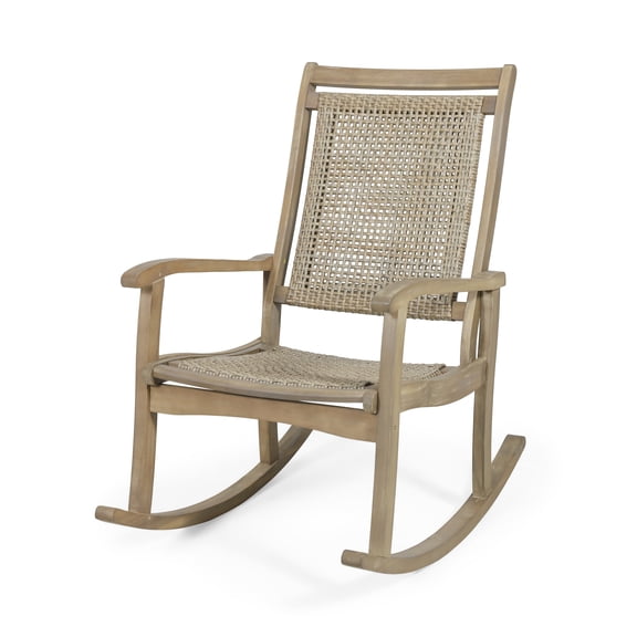 GDF Studio Dory Outdoor Rustic Wicker and Acacia Wood Rocking Chair, Light Brown and Light Multibrown