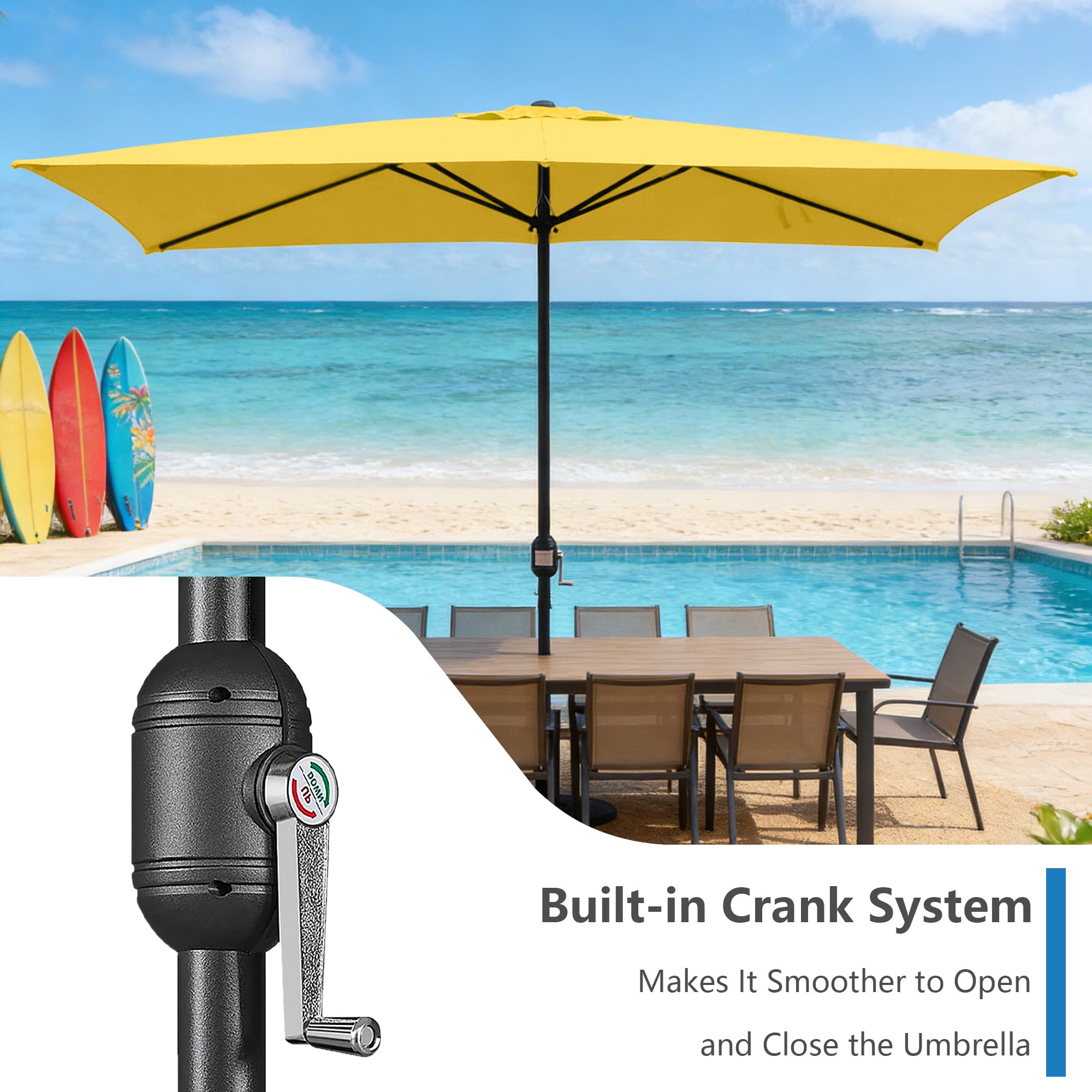 Abble 10x6.5ft Rectangular Patio Umbrella with Crank Handle, Outdoor Market Umbrella with 6 Sturdy Umbrella Ribs, Waterproof, Yellow
