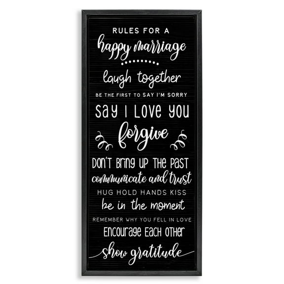 Stupell Industries Rules for Happy Marriage Typography Painting Black Floater Framed Canvas Art Print Wall Art, 11 x 25