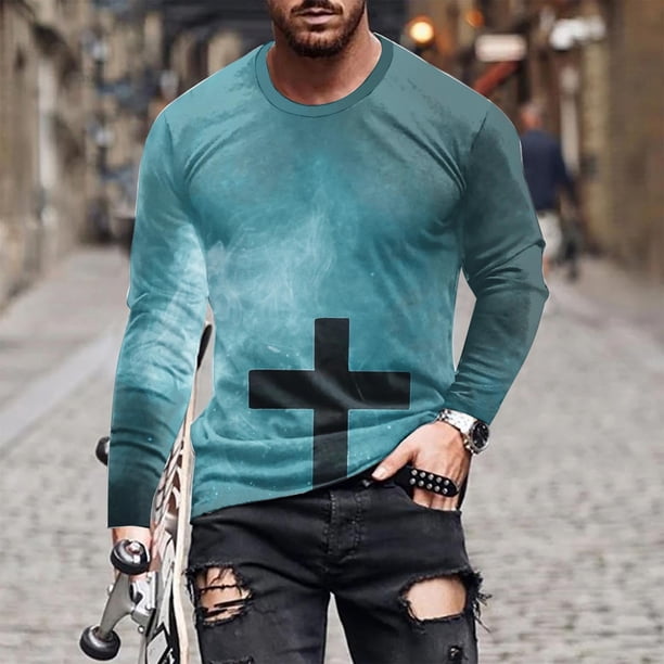 Blusas y camisas de manga larga con cuello redondo para hombre, blusas casuales de manga larga con cuello redondo, blusas estampadas, blusas de poliéster para hombre