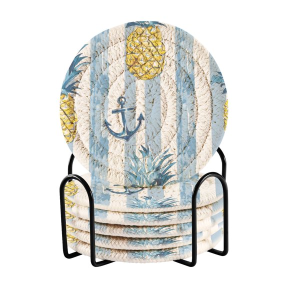 Anchor and Pineapple Coasters with Holder for Coffee Table 6 Pcs Drink Coaster Sets Absorbent for Home Decor 4 inch