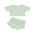 thumbnail image 2 of Infant Baby Ribbed Knitted Clothes Set Solid Color Short Sleeve Tops+Shorts Outfits Summer, 2 of 10