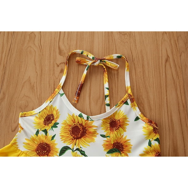 Toddler Girls Sunflower Print Clothes Set Sling Tops Ripped Denim