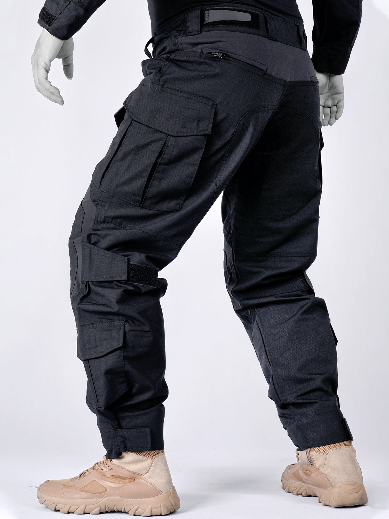 TRGPSG Men's Work Pants with Knee Pads, 10 Pockets ,Camo Outdoor Hunting Pants Waterproof Hiking Work Trousers(No Belt),Black Size 34