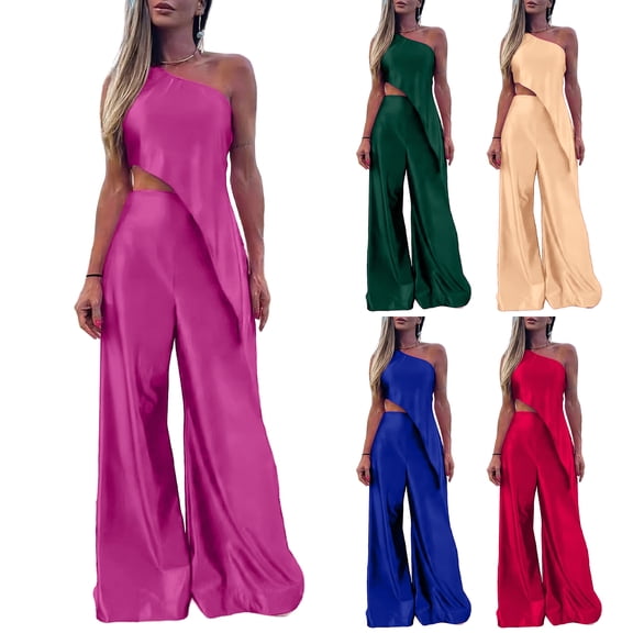 Laqbezok Women's 2-Piece Satin Set, Sexy One Shoulder Asymmetrical Long Top and Wide Leg Pants Outfit, Elegant Solid Color Silk-Like Party Gown Set