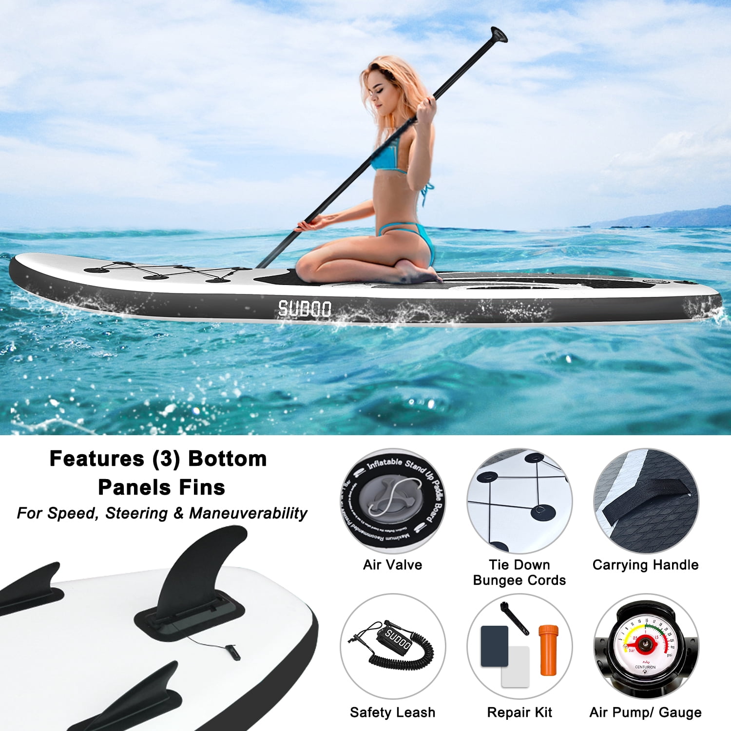 SUDOO Inflatable Stand Up Paddle Board 10‘x30‘‘, Ultra-Light SUP Board with Backpack, Pump, Paddle, Coil Leash, 3 Fins, Repair Kit, Stable SUP with Non-Slip EVA Deck for Adults & Youth