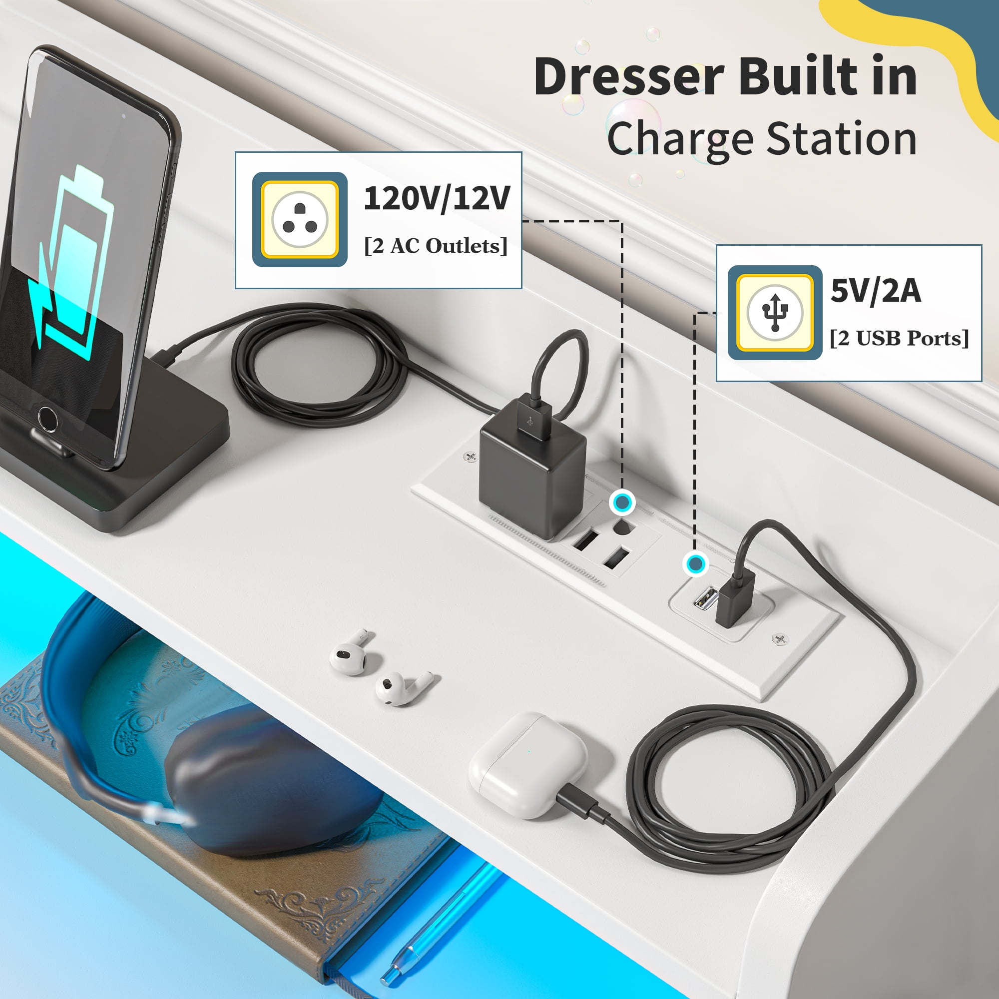EnHomee 9 Drawer Dressers for Bedroom with LED Light,Wood Chests of Drawers with Charging Station, White