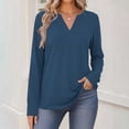 thumbnail image 5 of Xaqiouau Women's V-Neck Long Sleeve T-Shirt Solid Color Relaxed Fit Basic Top Stretch Casual Base Layer Shirt Spring Fall Everyday Wear Versatile Staple Navy S, 5 of 7