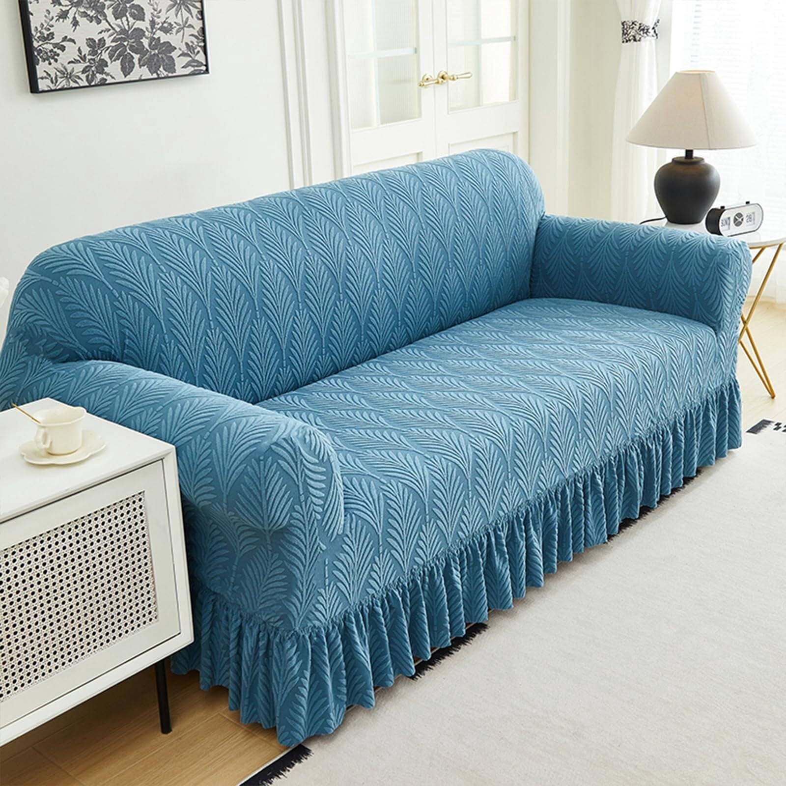LKJYER Stretch Sofa Couch Slipcover with Skirt, Non-Slip Jacquard Universal Soft Sofa Cover with Elastic Bottom, Pet Proof Washable Breathable Furniture Protector for Living Room,