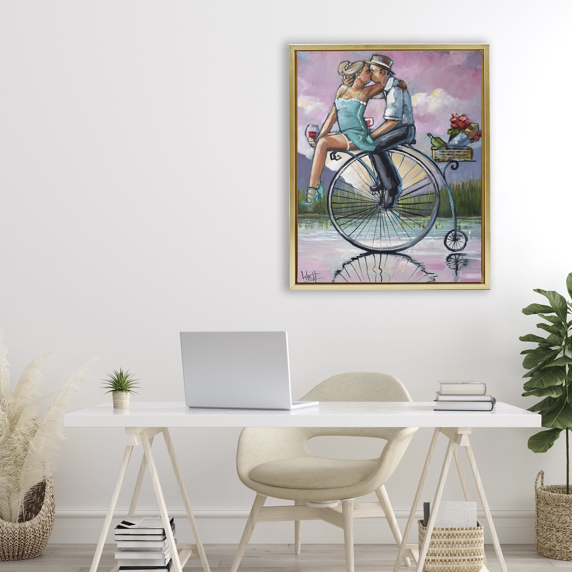 Stupell Industries Romantic Picnic on Bicycle Gold Framed Floater Canvas Wall Art, design by Ronald West