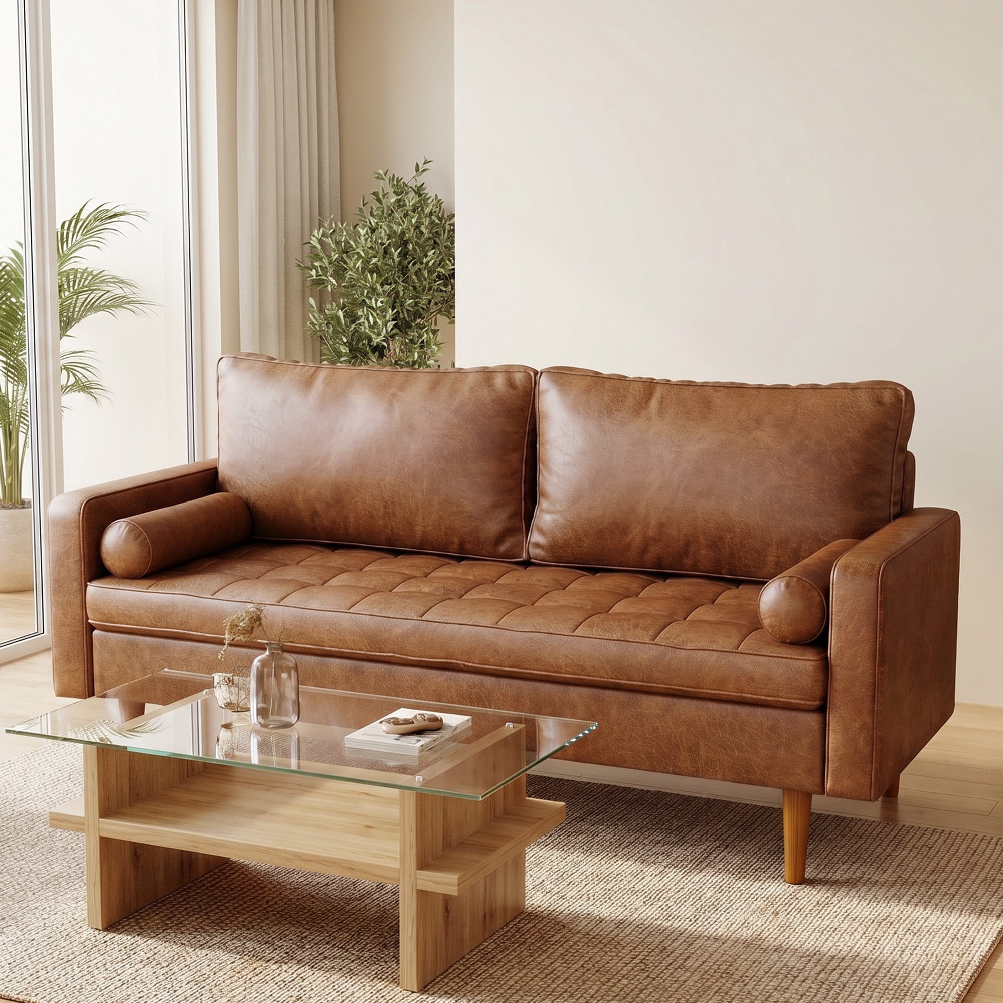 Koby Home Faux Leather Sofa, Mid-Century 70" 3 Seater Couches Camel Brown