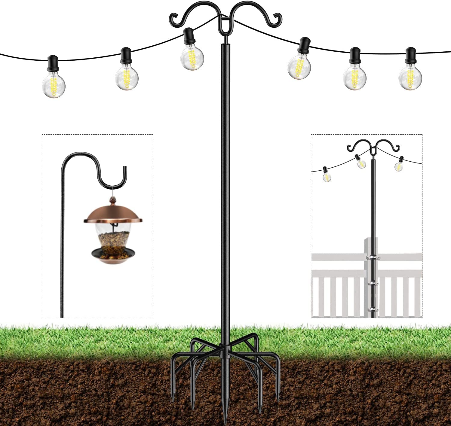 String Light Pole for Outside, Outdoor 9ft Light Poles with Hooks and