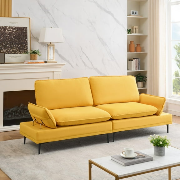 89" Sofa Couch for Living Room,3 Seater Sofa,Comfy Cotton Upholstered Couch with Adjustable Armrest for Small Space,Yellow