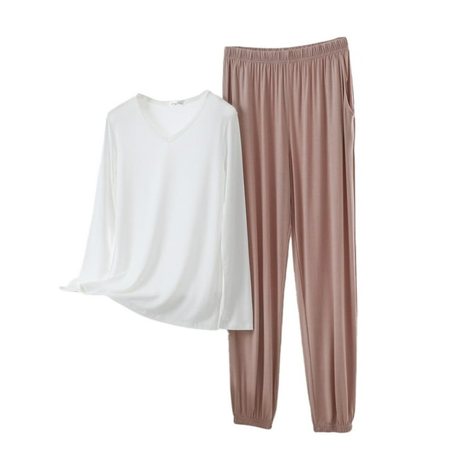 Women Pajama Sets V Neck Long Sleeved Plus Size Home Suit Set For Women Thin Design Solid Color Long Sleeved Pants Two Piece Set Woman Blending Pajamas
