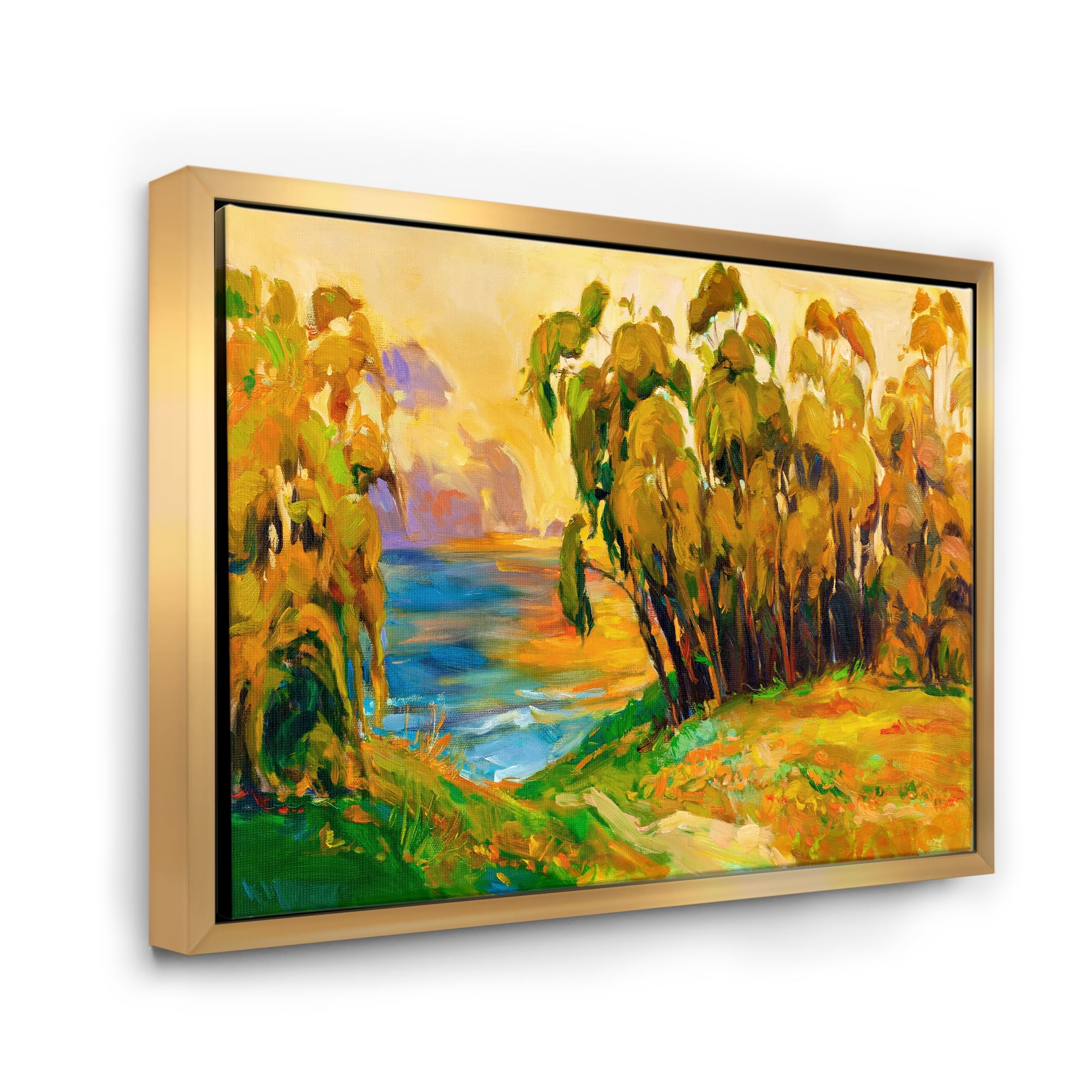 Designart 'Brown Trees By The Riverside During Evenign Glow' Traditional Framed Canvas Wall Art Print