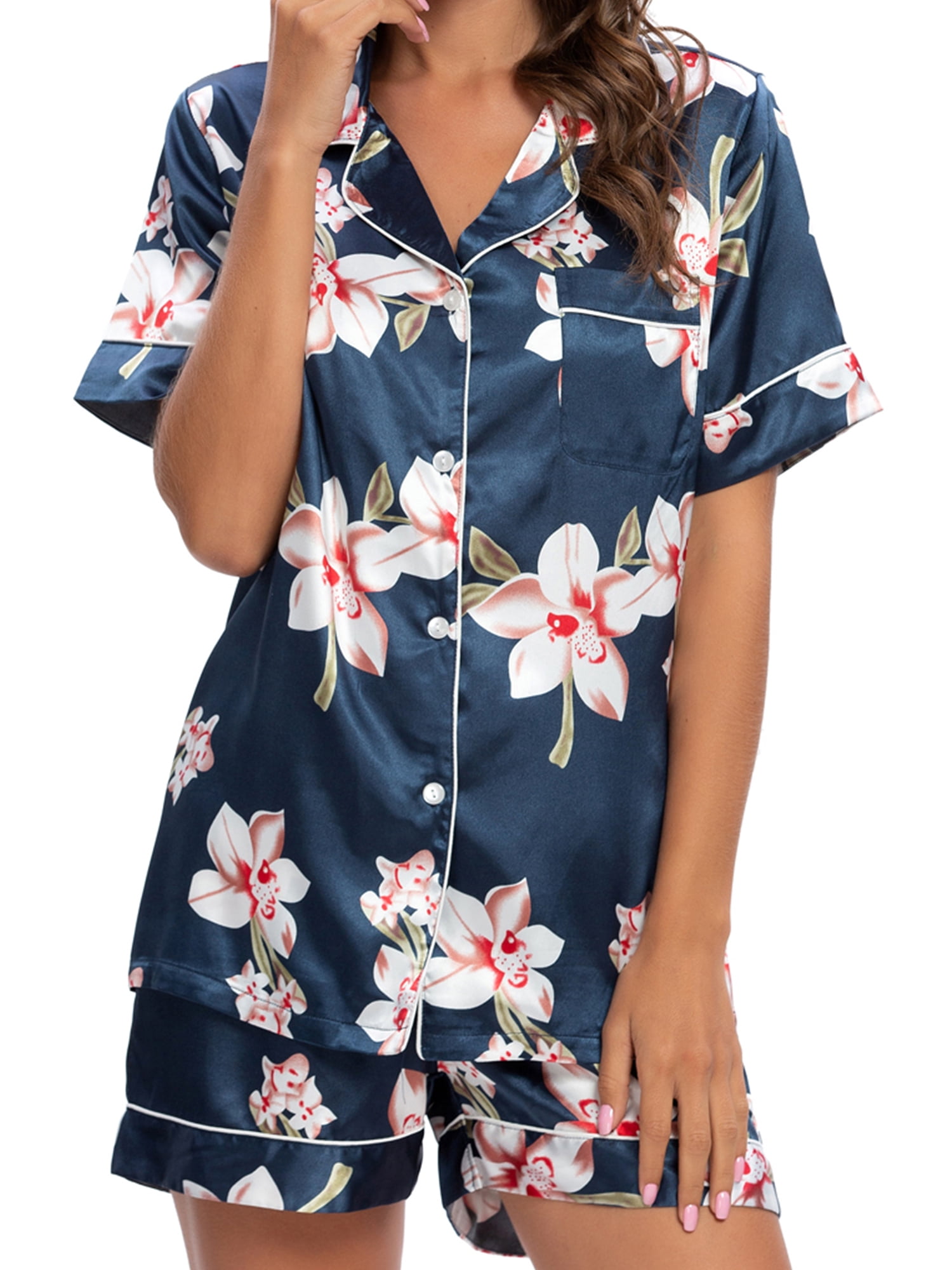 Unique Bargains Womens Floral Button Down Shirt Shorts Satin 2pcs Pajama Sleepwear Sets