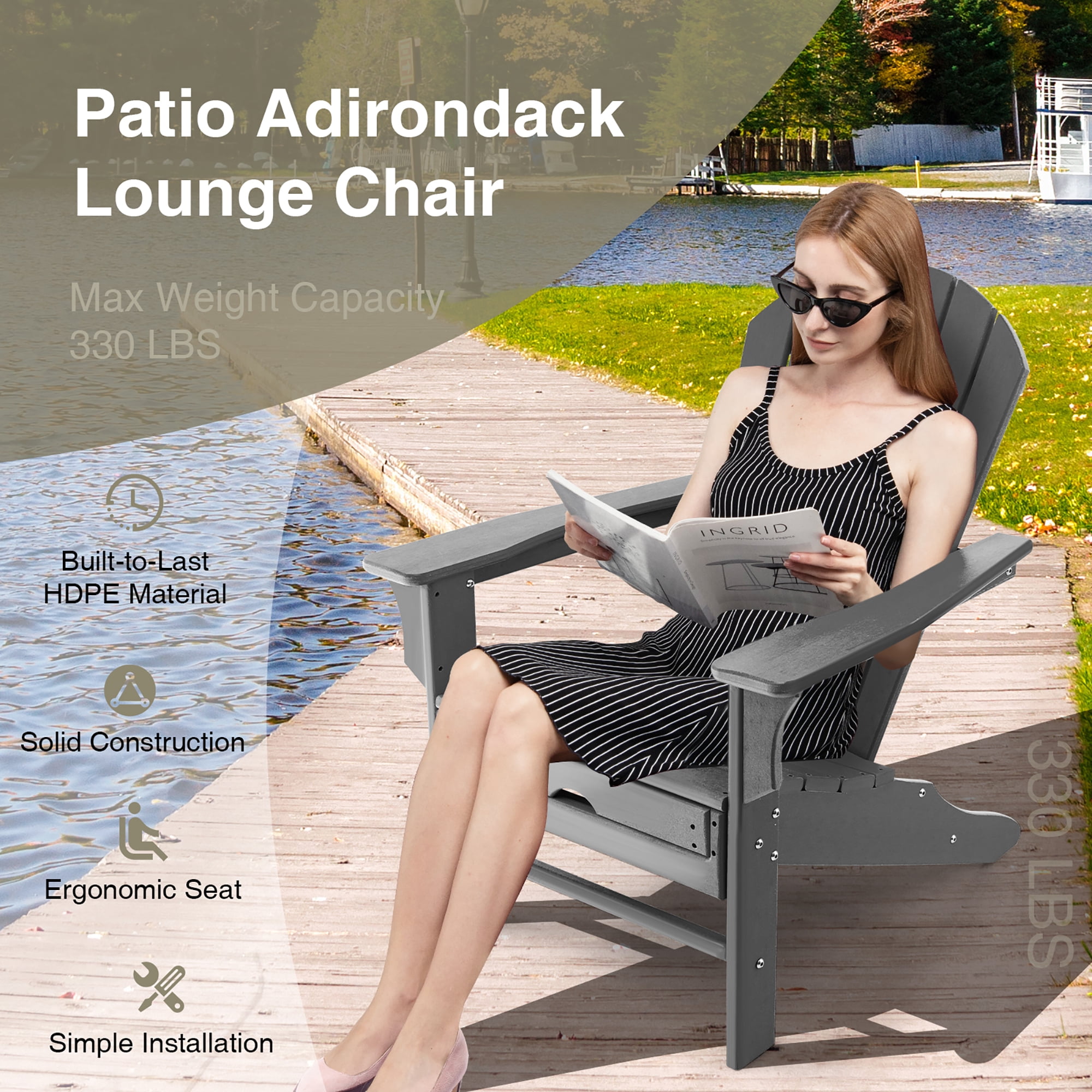 Costway Outdoor Patio HDPE Deck Adirondack Chair Beach Seat Retractable Ottoman Grey