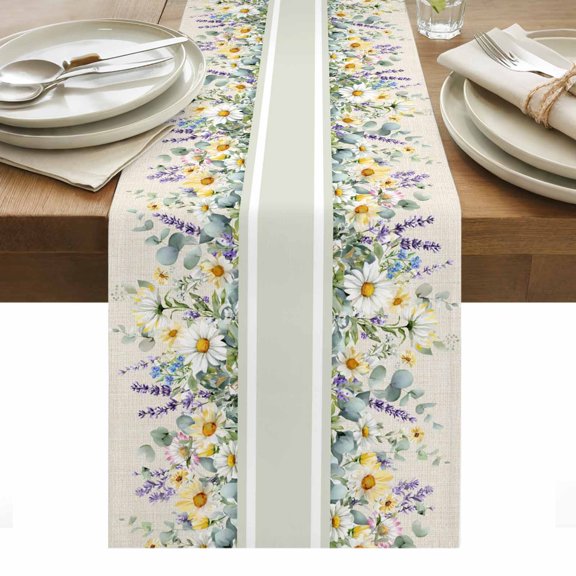 Spring Flowers Table Runner - 90 Inch Long, Kitchen Dining Table Runner Dresser Scarves, Farmhouse Botanical Floral Wildflowers Farmhouse Decor for Coffee Tables Wedding Party Banquet