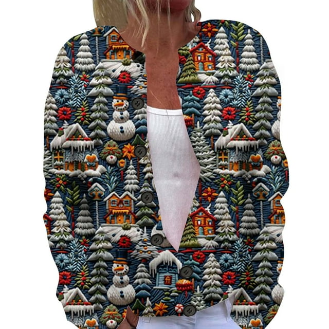 DuoJiaJ Cardigan pour Femmes, Cardigan à Boutons Imprimé de Noël Automne et Hiver à la Mode
