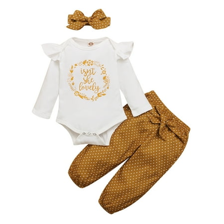 

KIMI BEAR Newborn Baby Girls Romper Outfits 3 Months Newborn Girls Fall Winter Clothes 6 Months Girls Letter Print Long Sleeve Romper Khaki Pant Headband 3PCs Set White