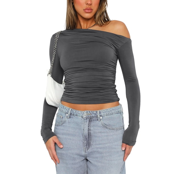 Tops cortos de color para mujer, camisetas lisas de manga larga con hombros oblicuos, camisetas ajustadas para primavera y otoño, ropa de calle TRKIYQC moda